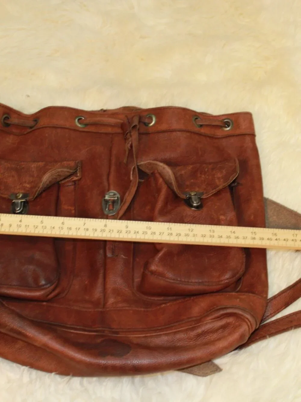 Vintage Brown Smooth Leather Drawstring Flap Close Unlined Rucksack Backpack